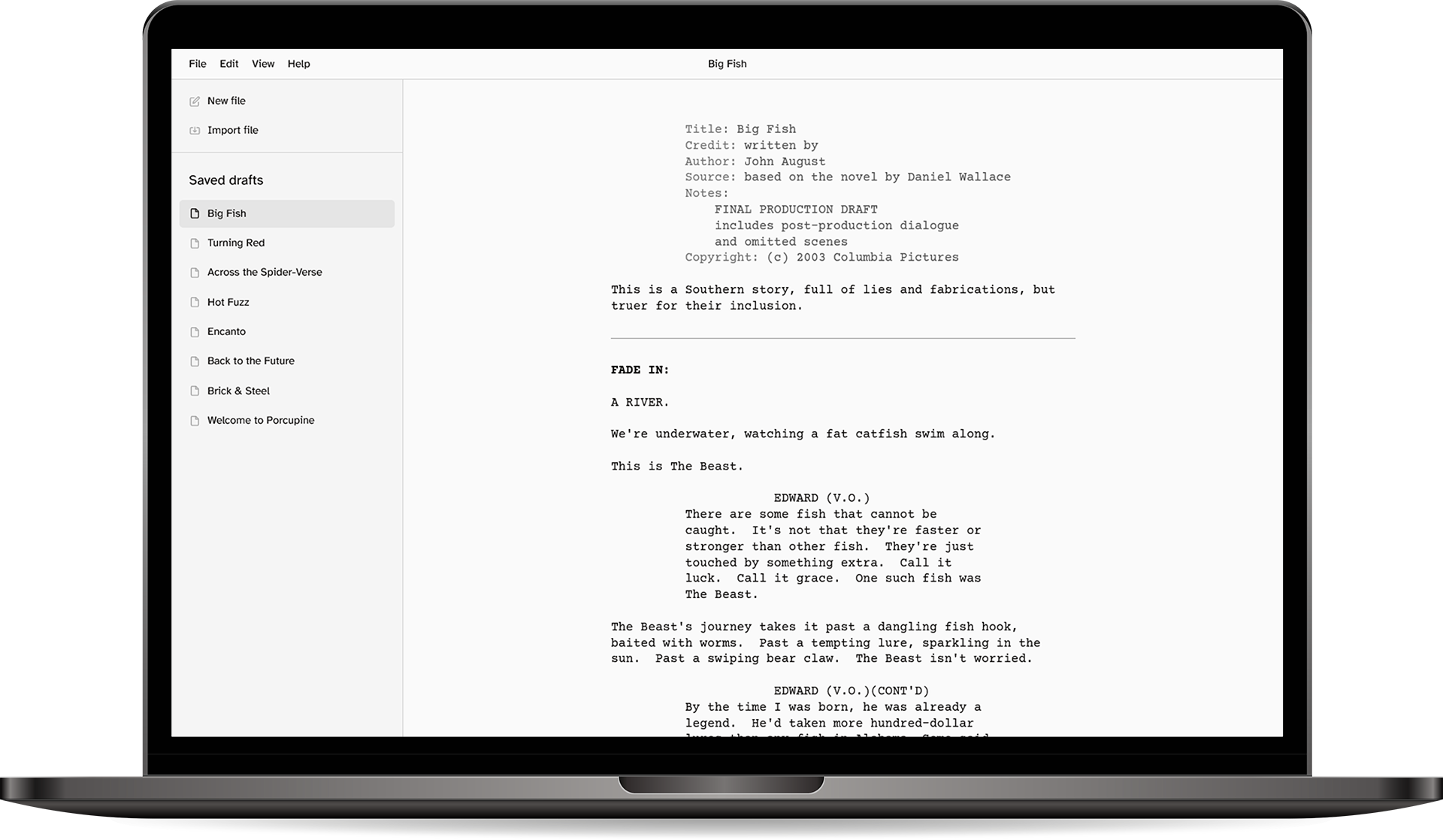 Porcupine screenwriting app on a laptop